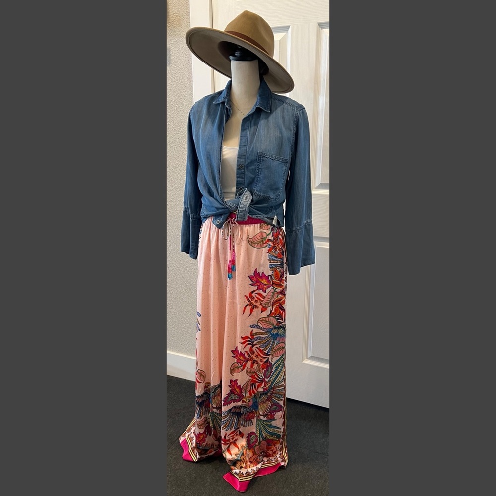 #1648 Rachel Zoe Satin Lounge Wide Leg Pants Tropical Floral size Large - Picture 2 of 6